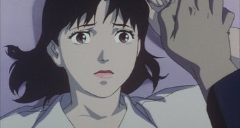 Movie still from “Perfect Blue” (1997), directed by Kô Matsuo – A woman's face in a painting; Close Up shot, Low angle