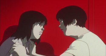 Movie still from “Perfect Blue” (1997), directed by Kô Matsuo – A couple of people that are staring at each other; Extreme Close Up shot, Low angle
