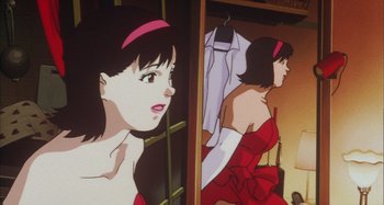 Movie still from “Perfect Blue” (1997), directed by Kô Matsuo – A painting of a woman in a red dress; Medium shot, Low angle