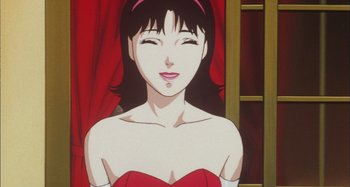 Movie still from “Perfect Blue” (1997), directed by Kô Matsuo – A person wearing a red dress; Close Up shot, Low angle