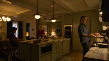 Movie still from “Full Circle” (2023), directed by Steven Soderbergh – Wide shot, Low angle
