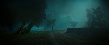 Movie still from “Pinocchio” (2019), directed by Matteo Garrone – A foggy night with trees in the distance; Extreme Wide shot, High angle