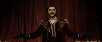 Movie still from “Pinocchio” (2019), directed by Matteo Garrone – A wax figure of a man dressed in a military uniform; Medium shot, Low angle