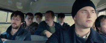 Movie still from “Pride” (2014), directed by Matthew Warchus – A group of people sitting in a car; Close Up shot, Over the shoulder angle