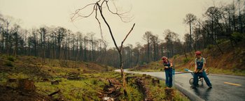 Movie still from “Prince Avalanche” (2013), directed by David Gordon Green – A man standing next to a tree in the middle of a field; Extreme Wide shot, Low angle