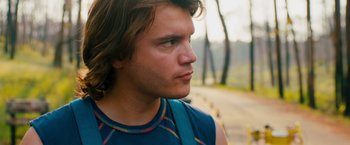 Movie still from “Prince Avalanche” (2013), directed by David Gordon Green – A person with long brown hair; Close Up shot, Over the shoulder angle