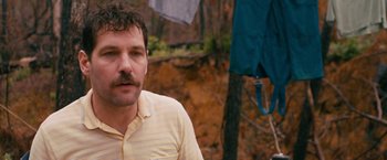 Movie still from “Prince Avalanche” (2013), directed by David Gordon Green – A person with a mustache; Close Up shot, Over the shoulder angle