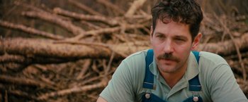 Movie still from “Prince Avalanche” (2013), directed by David Gordon Green – A person with a mustache; Close Up shot, Over the shoulder angle