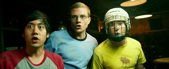 Movie still from “Project Almanac” (2015), directed by Dean Israelite – A man with glasses is wearing a helmet; Close Up shot, Low angle