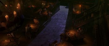 Movie still from “Puss in Boots” (2011), directed by Chris Miller – People are sitting at tables in a dimly - lit room; Wide shot, High angle