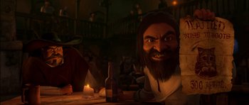 Movie still from “Puss in Boots” (2011), directed by Chris Miller – An animated man with long hair and a long beard; Medium shot, Over the shoulder angle