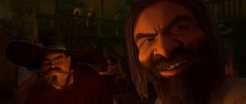 Movie still from “Puss in Boots” (2011), directed by Chris Miller – The face of a man with long black hair; Close Up shot, Low angle