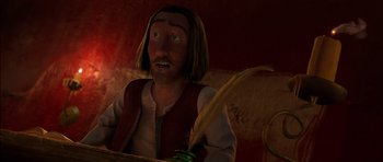 Movie still from “Puss in Boots” (2011), directed by Chris Miller – An animated man with long hair is holding a quill pen; Close Up shot, Low angle