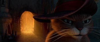 Movie still from “Puss in Boots” (2011), directed by Chris Miller – A cat wearing a hat; Close Up shot, Low angle