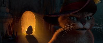 Movie still from “Puss in Boots” (2011), directed by Chris Miller – A cat with a hat on; Close Up shot, Low angle