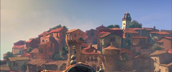 Movie still from “Puss in Boots” (2011), directed by Chris Miller – An image of an old town with a lot of buildings; Extreme Wide shot, High angle