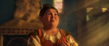 Movie still from “Puss in Boots” (2011), directed by Chris Miller – An animated woman is looking up at the sky; Close Up shot, Low angle