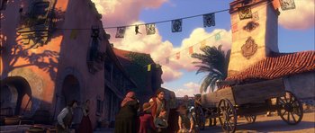 Movie still from “Puss in Boots” (2011), directed by Chris Miller – A group of people standing on the side of the street; Extreme Wide shot, Low angle