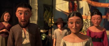 Movie still from “Puss in Boots” (2011), directed by Chris Miller – A group of people standing next to each other; Close Up shot, Over the shoulder angle