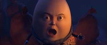 Movie still from “Puss in Boots” (2011), directed by Chris Miller – An egg with a surprised look on its face; Close Up shot, Low angle