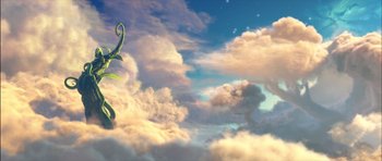 Movie still from “Puss in Boots” (2011), directed by Chris Miller – An image of an image of a sky with clouds; Extreme Wide shot, Low angle