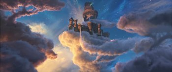 An artistic painting of a castle in the clouds