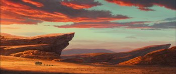 A painting of a desert landscape with a rock in the foreground and mountains in the background