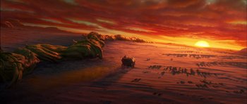 Movie still from “Puss in Boots” (2011), directed by Chris Miller – A painting of a boat on the beach at sunset; Extreme Wide shot, High angle