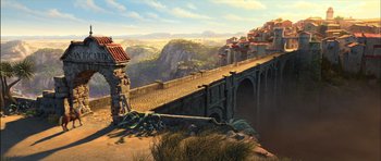 Movie still from “Puss in Boots” (2011), directed by Chris Miller – An artistic rendering of a bridge with a view of a valley; Extreme Wide shot, High angle