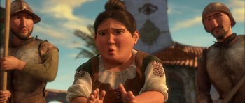 Movie still from “Puss in Boots” (2011), directed by Chris Miller – An animated woman with her mouth wide open and her hands in the air; Close Up shot, Low angle