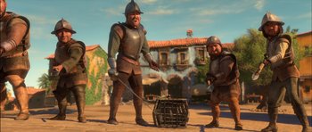 Movie still from “Puss in Boots” (2011), directed by Chris Miller – A man and a woman dressed in medieval garb; Wide shot, Low angle