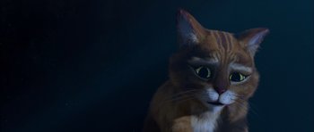 Movie still from “Puss in Boots” (2011), directed by Chris Miller – A cat's face in the dark; Close Up shot, High angle