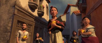 Movie still from “Puss in Boots” (2011), directed by Chris Miller – An animated woman holding an apple next to another woman holding an apple; Medium shot, Over the shoulder angle