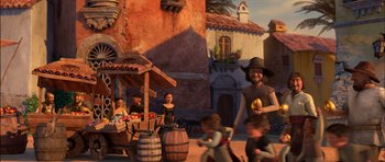 Movie still from “Puss in Boots” (2011), directed by Chris Miller – A group of people standing next to each other on a street; Wide shot, Over the shoulder angle