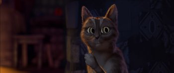 Movie still from “Puss in Boots” (2011), directed by Chris Miller – A cat is looking at the camera with its eyes wide open; Close Up shot, High angle