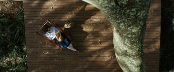Movie still from “Reaching for the Moon” (2013), directed by Bruno Barreto – A woman sitting on a chair on top of a wooden floor; Extreme Wide shot, Overhead angle