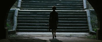 Movie still from “Reaching for the Moon” (2013), directed by Bruno Barreto – A woman walking down a set of stairs; Wide shot, Low angle