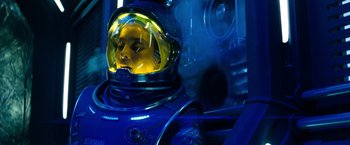 Movie still from “Red Planet” (2000), directed by Antony Hoffman – A man in a space suit is sitting in a space ship; Medium shot, Low angle