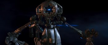 Movie still from “Red Planet” (2000), directed by Antony Hoffman – A robot with a blue light shining on it's head; Wide shot, Low angle