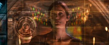 Movie still from “Red Planet” (2000), directed by Antony Hoffman – A woman is looking at the camera with a blurry background; Close Up shot, Low angle