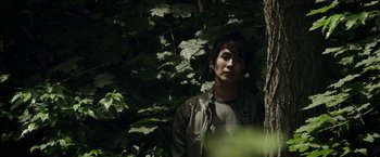 Movie still from “Revenge of the Green Dragons” (2014), directed by Andrew Loo – A man standing next to a tree in the woods; Close Up shot, Low angle