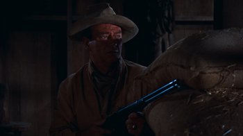 Movie still from “Rio Bravo” (1959), directed by Howard Hawks – A man holding a rifle in a dark room; Medium shot, Low angle