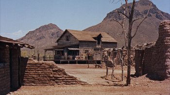 Movie still from “Rio Bravo” (1959), directed by Howard Hawks – An old house with a giraffe standing in front of it; Extreme Wide shot, Low angle