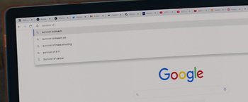 Movie still from “Not Okay” (2022), directed by Quinn Shephard – A computer screen showing the google homepage; Extreme Close Up shot, Low angle
