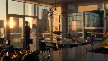 Movie still from “Roman J. Israel, Esq.” (2017), directed by Dan Gilroy – A man standing at a table in front of a large window; Wide shot, Over the shoulder angle