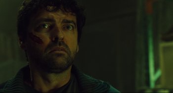 Movie still from “Saw III” (2006), directed by Darren Lynn Bousman – A person looking up at the sky; Close Up shot, Low angle