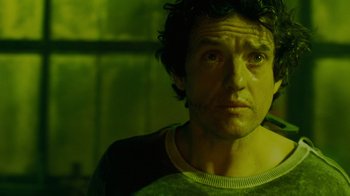 Movie still from “Saw IV” (2007), directed by Darren Lynn Bousman – A person looking at the camera; Close Up shot, Low angle