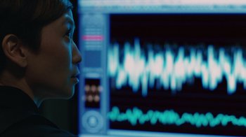 Movie still from “Saw VI” (2009), directed by Kevin Greutert – A woman looking at a computer screen with sound waves coming out of it; Close Up shot, Over the shoulder angle