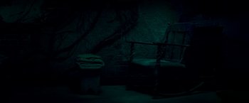 Movie still from “Scary Stories to Tell in the Dark” (2019), directed by André Øvredal – A dark room with a chair and a blanket; Wide shot, High angle