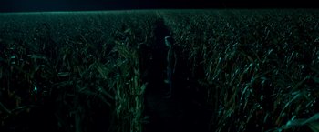 Movie still from “Scary Stories to Tell in the Dark” (2019), directed by André Øvredal – A man standing in a field of corn at night; Extreme Wide shot, High angle
